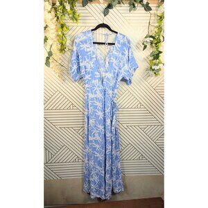 SKYLAR MADISON Women's Blue Maxi Dress Floral Wrap Short Sleeve Size Medium
